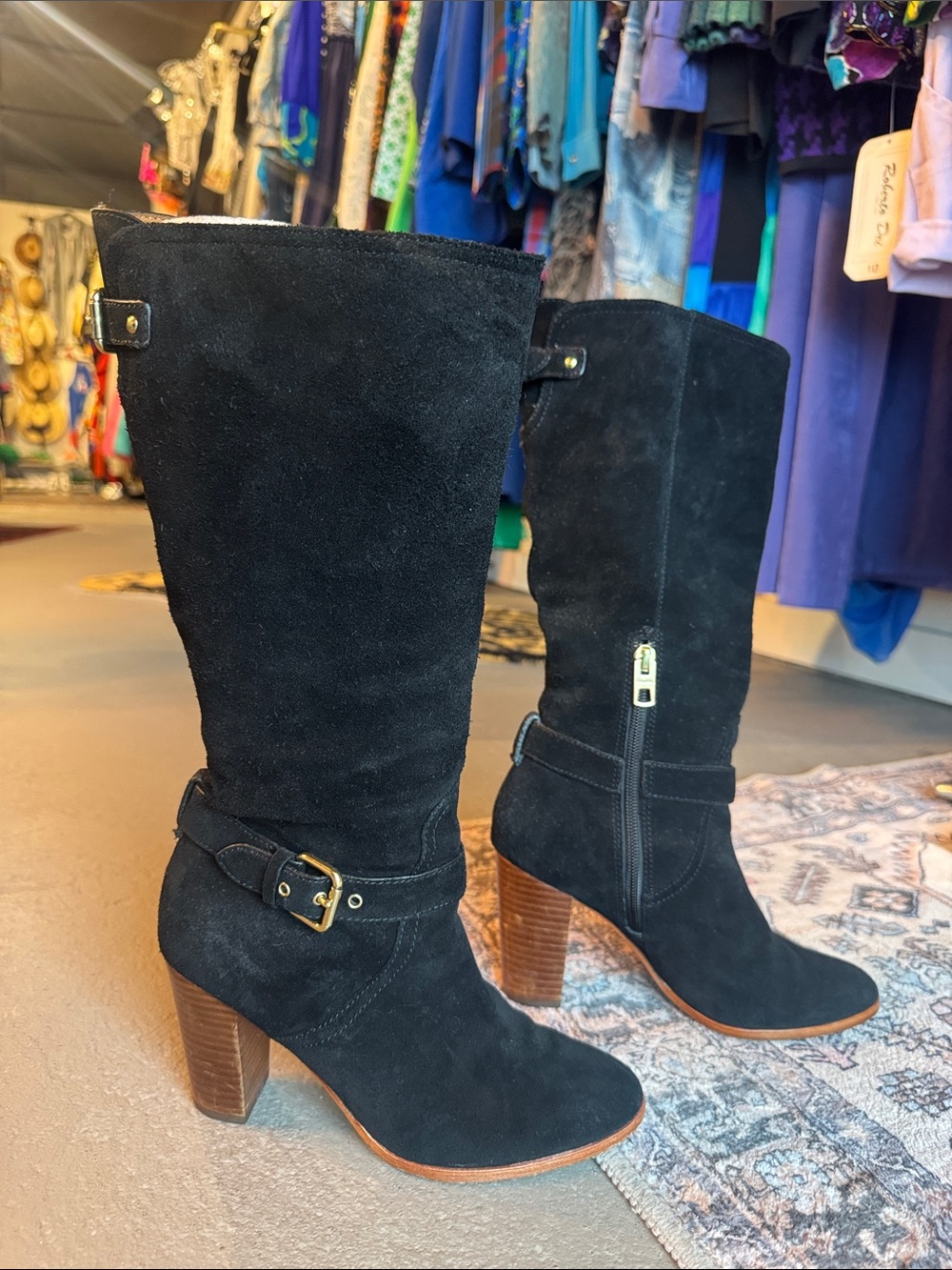 Coach Black Suede Mid-Calf Heeled Boots with Buckle Detail